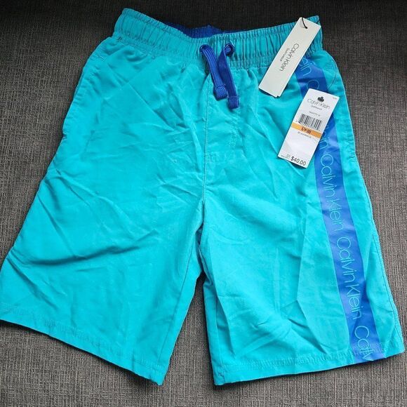 Calvin Klein Big Boys Caspian Blue Logo Stripe Swimwear Board Shorts Size 8 - Picture 2 of 10